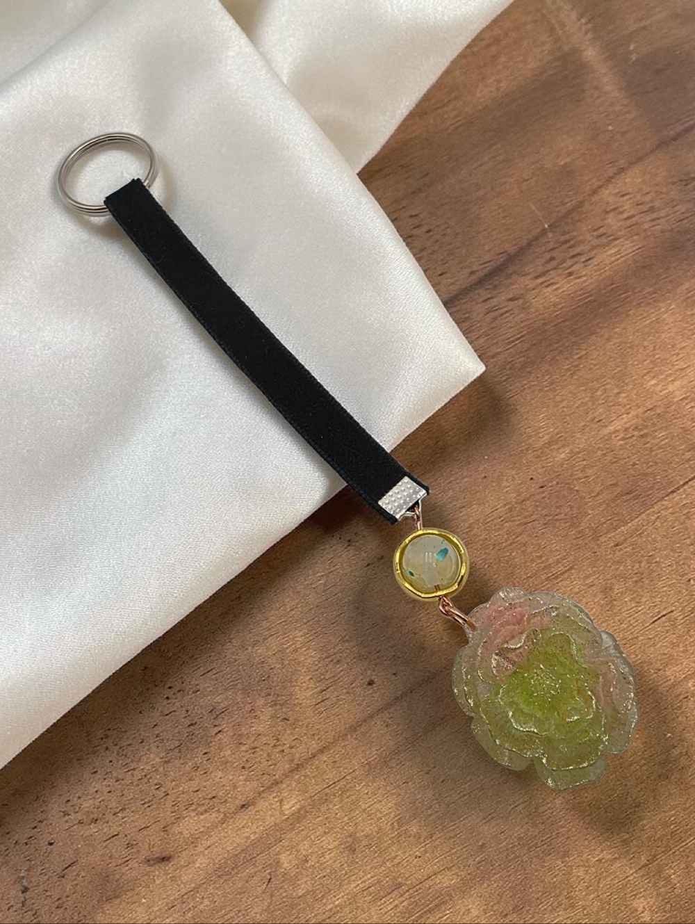 Black Velvet Strap Key & Card Holder with Glitter Green-Pink Flower Charm